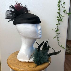 VintG women's black silk hat with bow and feathers